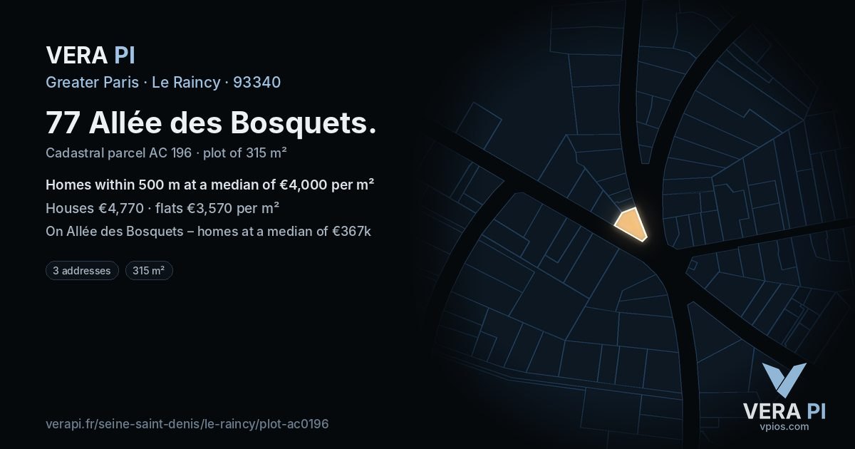 77 Allée des Bosquets, Le Raincy at night – the plot lit, the parcels around coloured by the prices near them