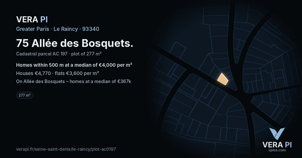 75 Allée des Bosquets, Le Raincy at night – the plot lit, the parcels around coloured by the prices near them