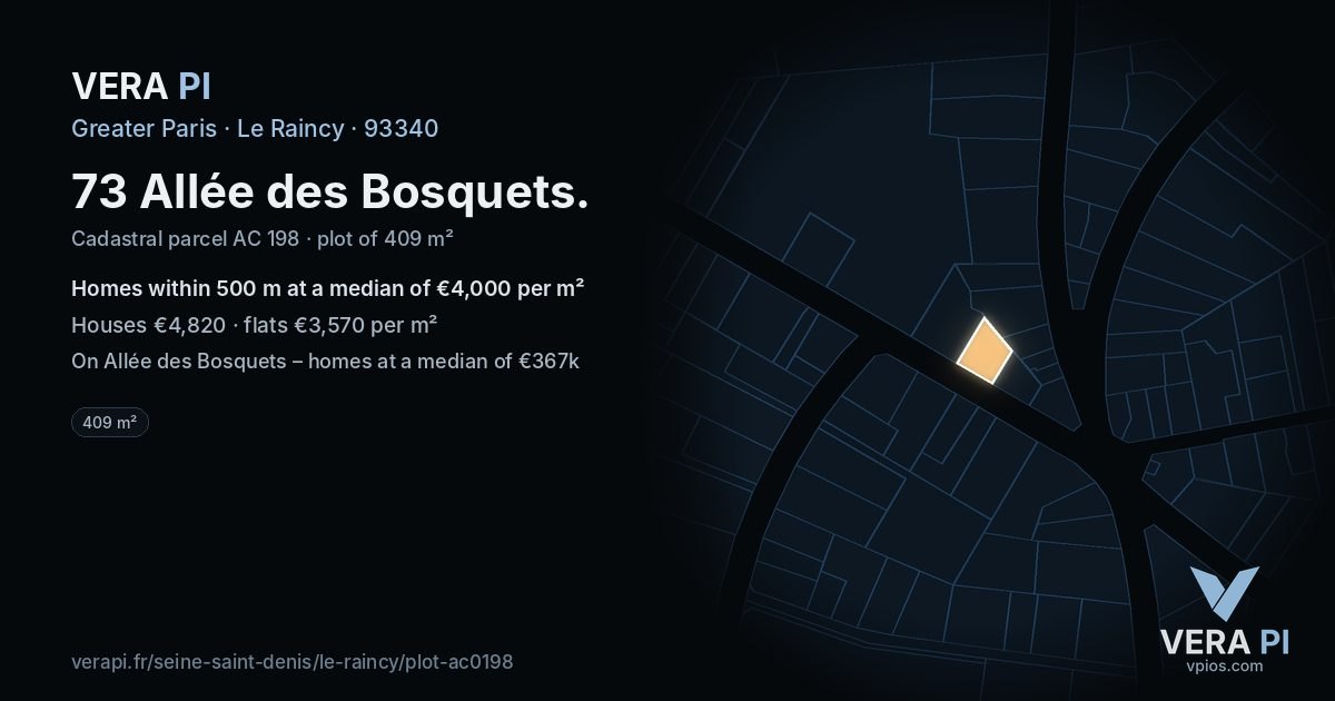 73 Allée des Bosquets, Le Raincy at night – the plot lit, the parcels around coloured by the prices near them