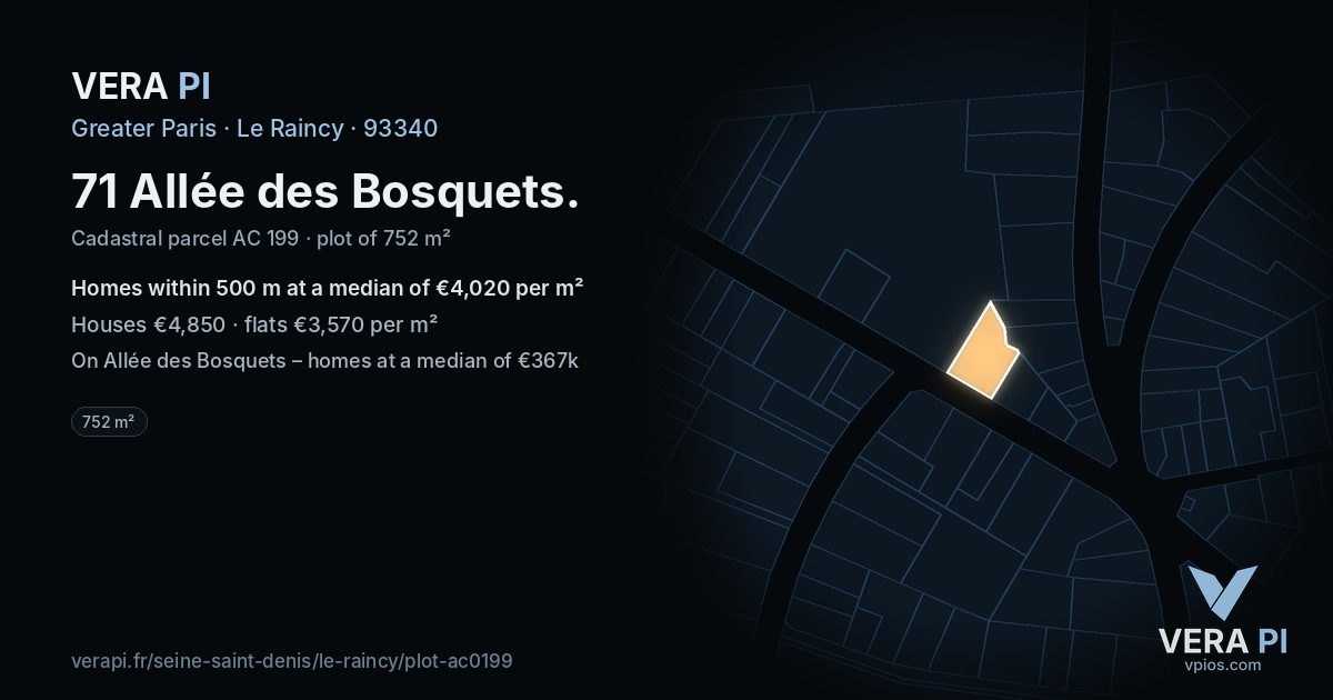 71 Allée des Bosquets, Le Raincy at night – the plot lit, the parcels around coloured by the prices near them