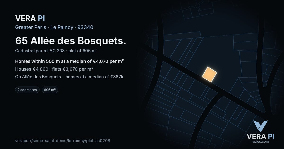 65 Allée des Bosquets, Le Raincy at night – the plot lit, the parcels around coloured by the prices near them