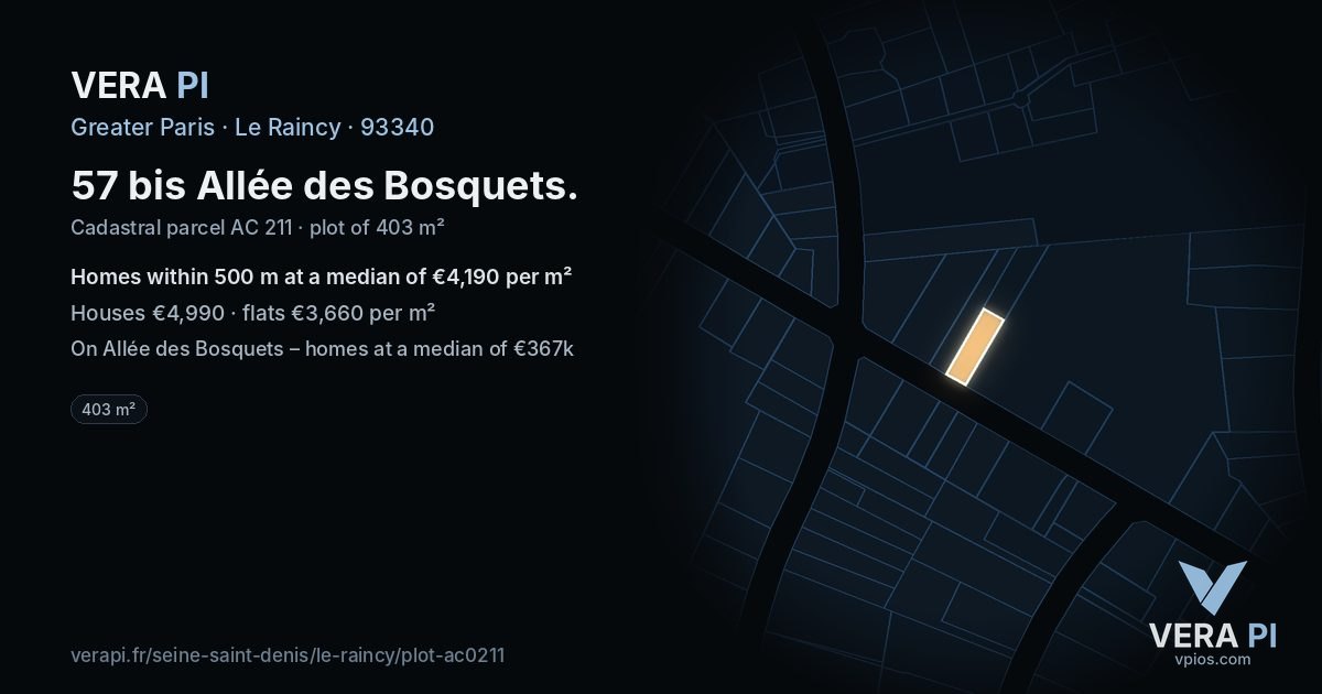 57 bis Allée des Bosquets, Le Raincy at night – the plot lit, the parcels around coloured by the prices near them