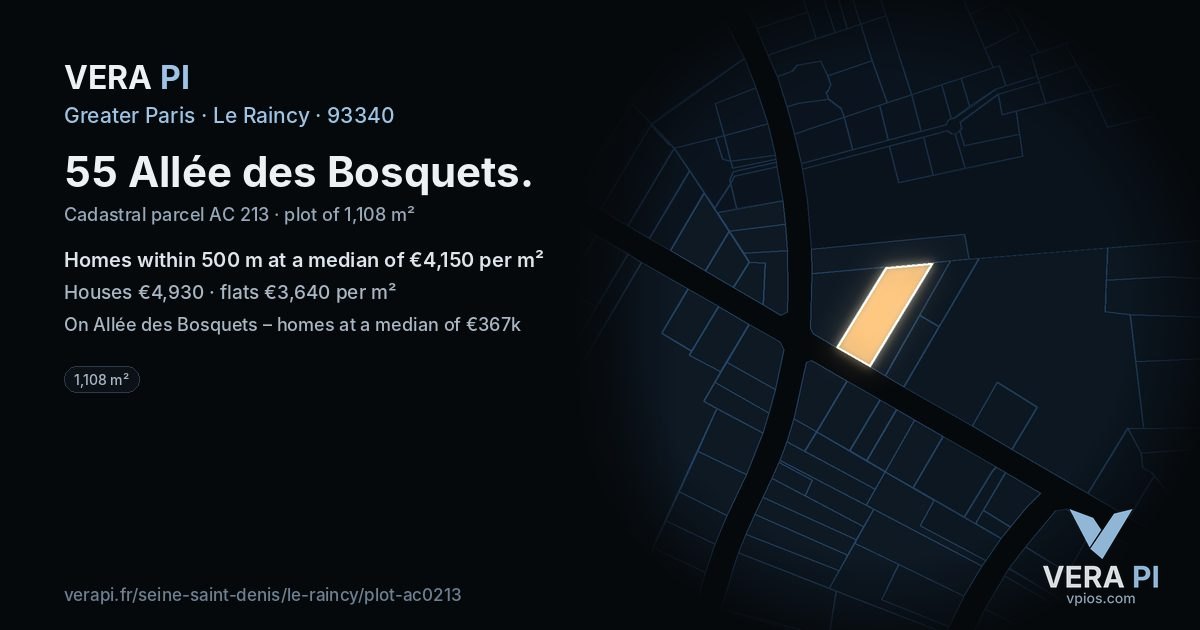 55 Allée des Bosquets, Le Raincy at night – the plot lit, the parcels around coloured by the prices near them