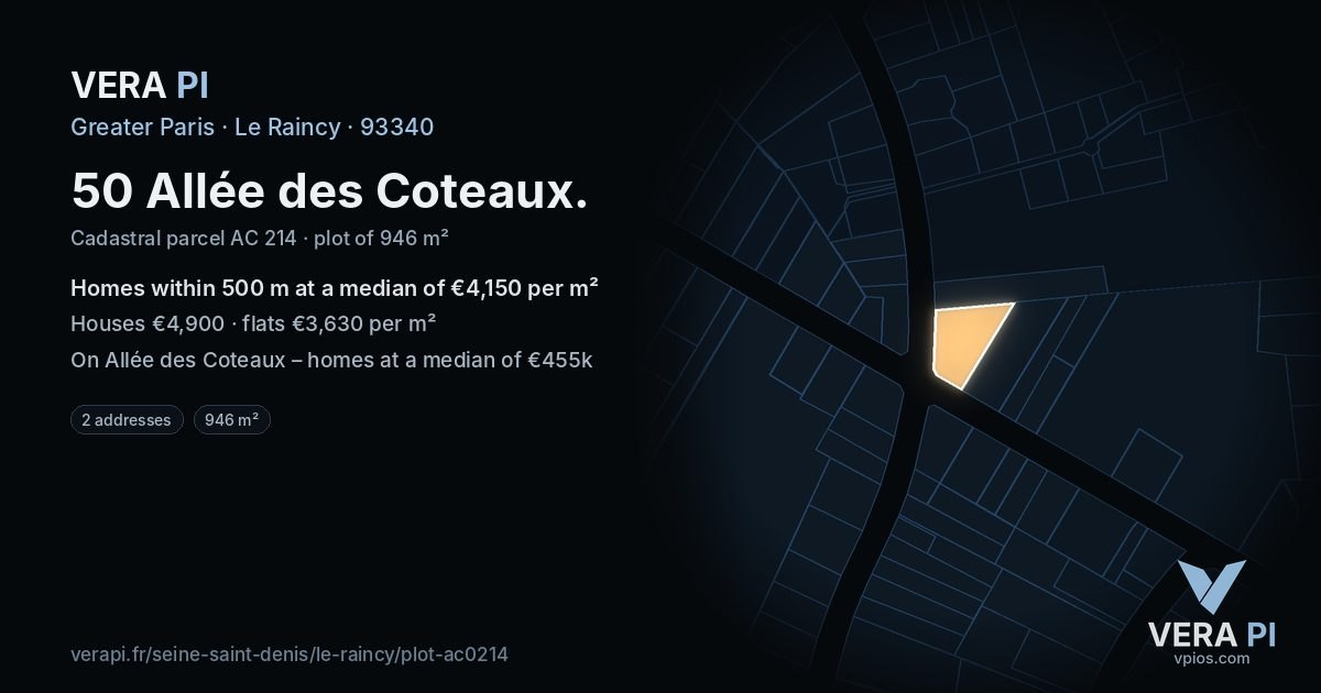 50 Allée des Coteaux, Le Raincy at night – the plot lit, the parcels around coloured by the prices near them