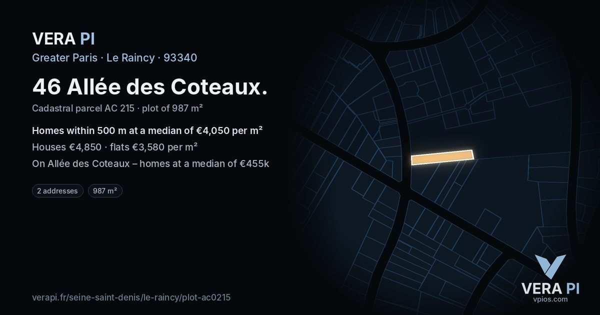 46 Allée des Coteaux, Le Raincy at night – the plot lit, the parcels around coloured by the prices near them