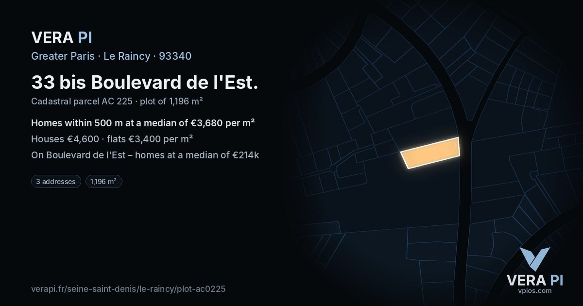 33 bis Boulevard de l'Est, Le Raincy at night – the plot lit, the parcels around coloured by the prices near them