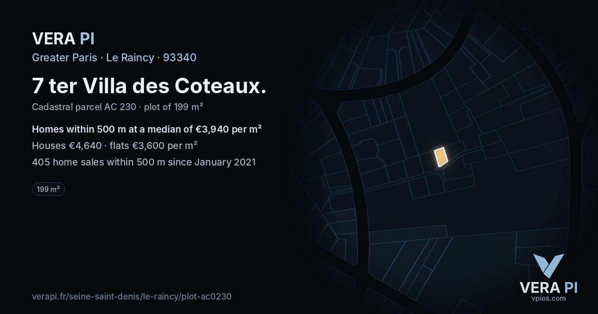 7 ter Villa des Coteaux, Le Raincy at night – the plot lit, the parcels around coloured by the prices near them