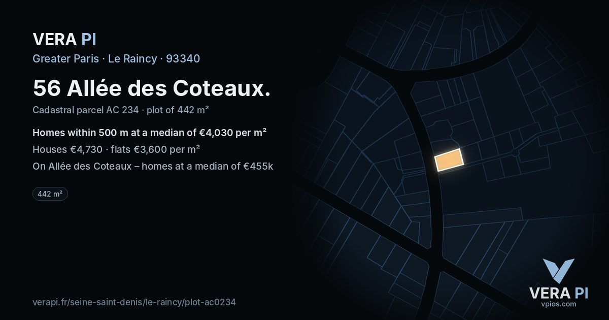 56 Allée des Coteaux, Le Raincy at night – the plot lit, the parcels around coloured by the prices near them
