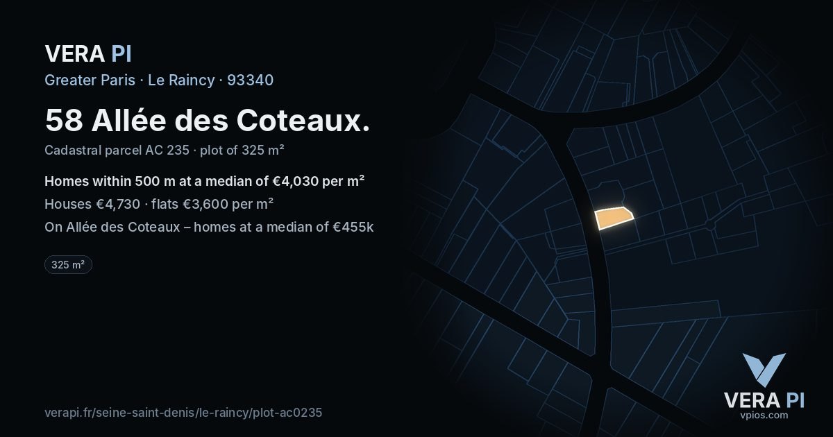 58 Allée des Coteaux, Le Raincy at night – the plot lit, the parcels around coloured by the prices near them