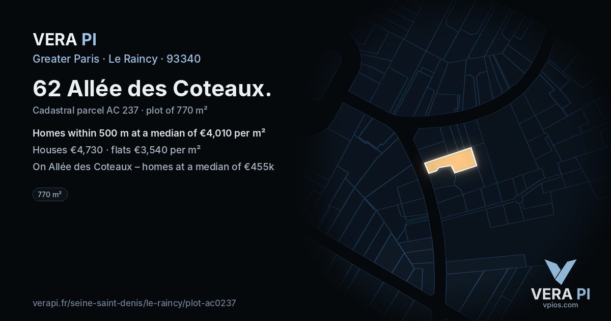62 Allée des Coteaux, Le Raincy at night – the plot lit, the parcels around coloured by the prices near them