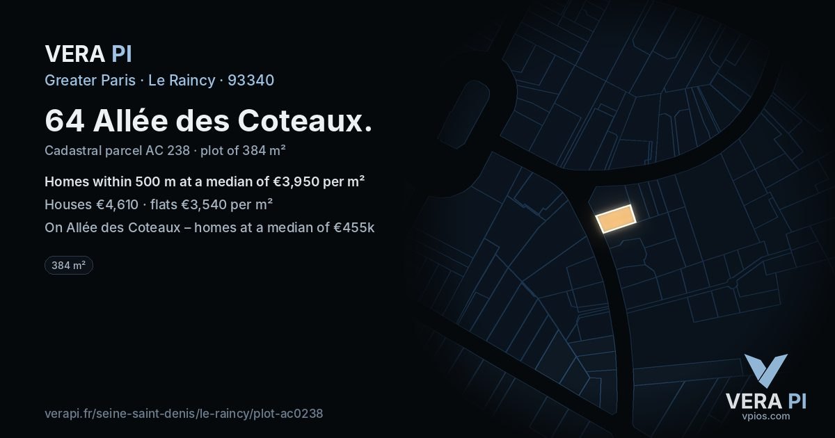 64 Allée des Coteaux, Le Raincy at night – the plot lit, the parcels around coloured by the prices near them