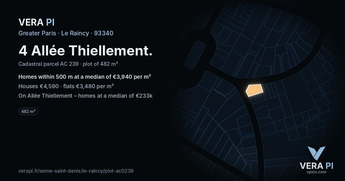 4 Allée Thiellement, Le Raincy at night – the plot lit, the parcels around coloured by the prices near them