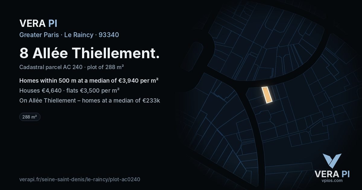 8 Allée Thiellement, Le Raincy at night – the plot lit, the parcels around coloured by the prices near them
