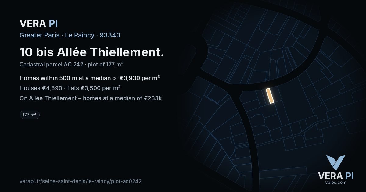 10 bis Allée Thiellement, Le Raincy at night – the plot lit, the parcels around coloured by the prices near them