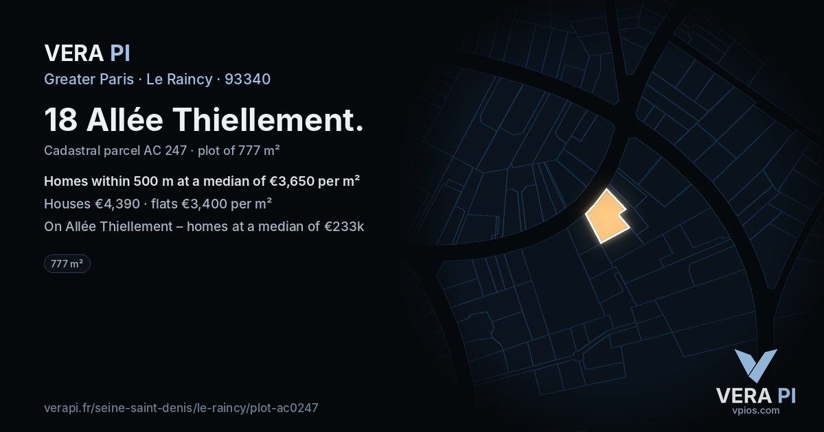 18 Allée Thiellement, Le Raincy at night – the plot lit, the parcels around coloured by the prices near them