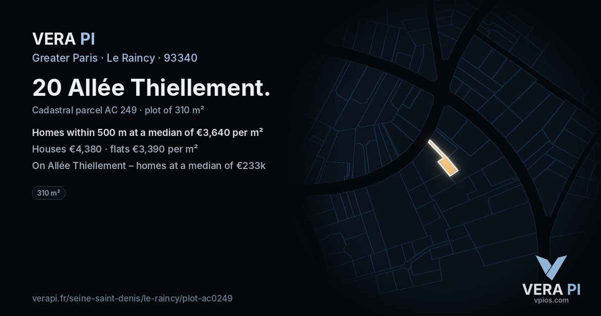 20 Allée Thiellement, Le Raincy at night – the plot lit, the parcels around coloured by the prices near them