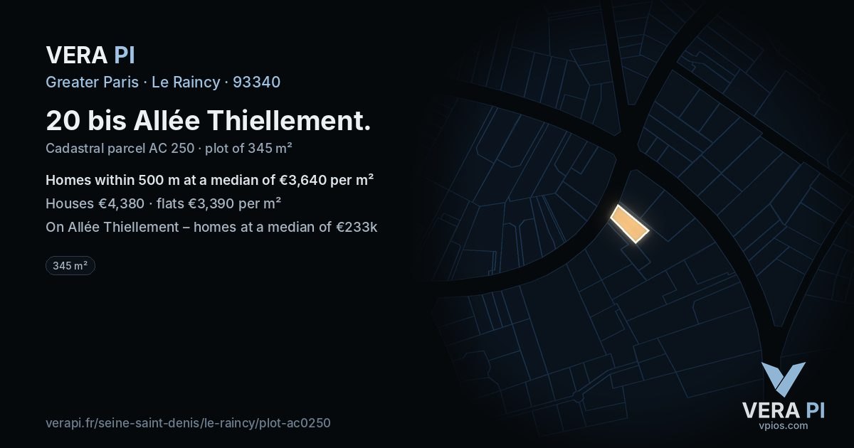 20 bis Allée Thiellement, Le Raincy at night – the plot lit, the parcels around coloured by the prices near them