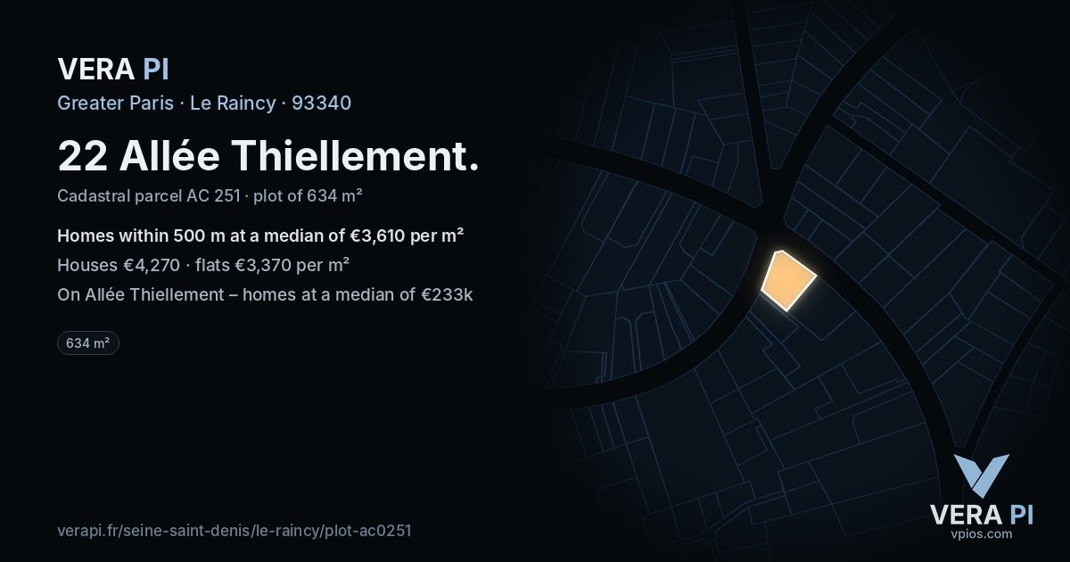 22 Allée Thiellement, Le Raincy at night – the plot lit, the parcels around coloured by the prices near them