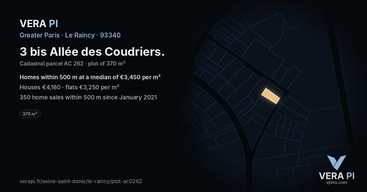 3 bis Allée des Coudriers, Le Raincy at night – the plot lit, the parcels around coloured by the prices near them
