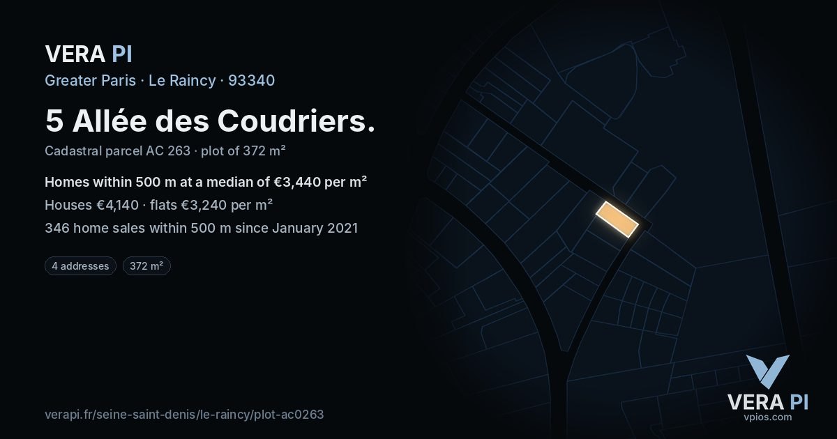 5 Allée des Coudriers, Le Raincy at night – the plot lit, the parcels around coloured by the prices near them