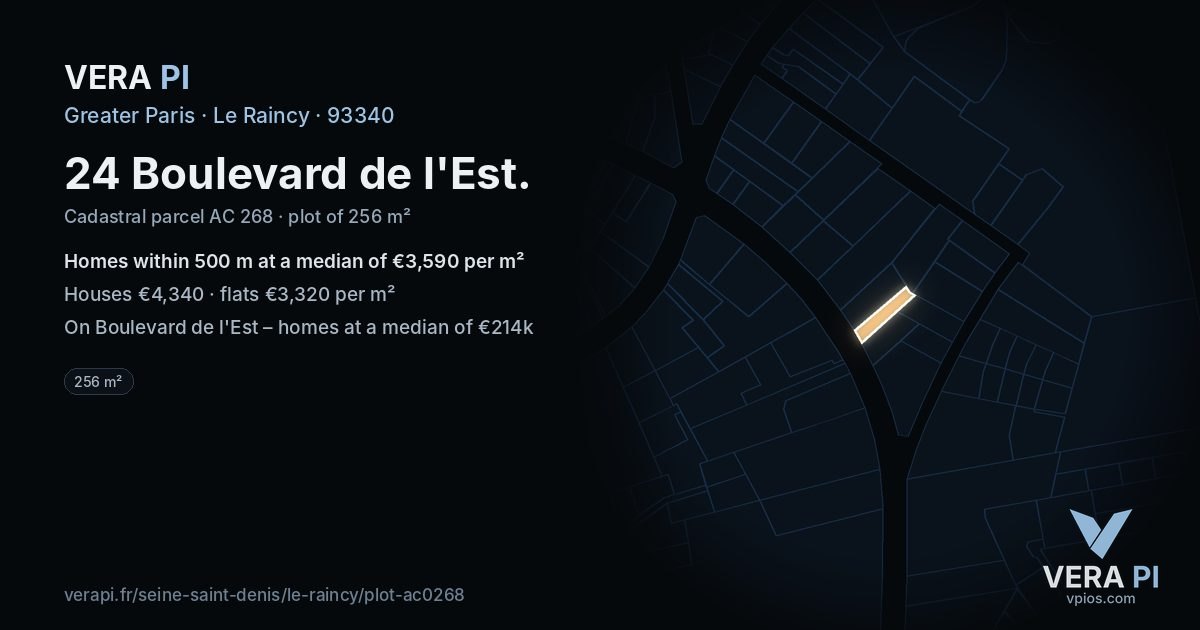 24 Boulevard de l'Est, Le Raincy at night – the plot lit, the parcels around coloured by the prices near them