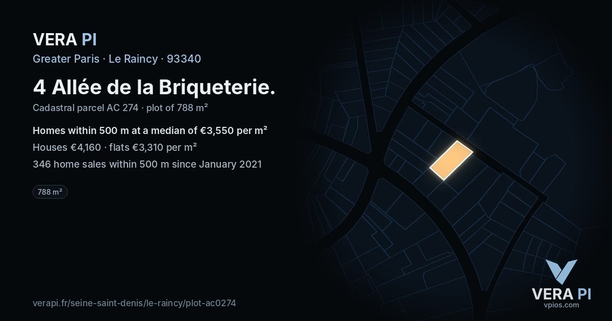 4 Allée de la Briqueterie, Le Raincy at night – the plot lit, the parcels around coloured by the prices near them