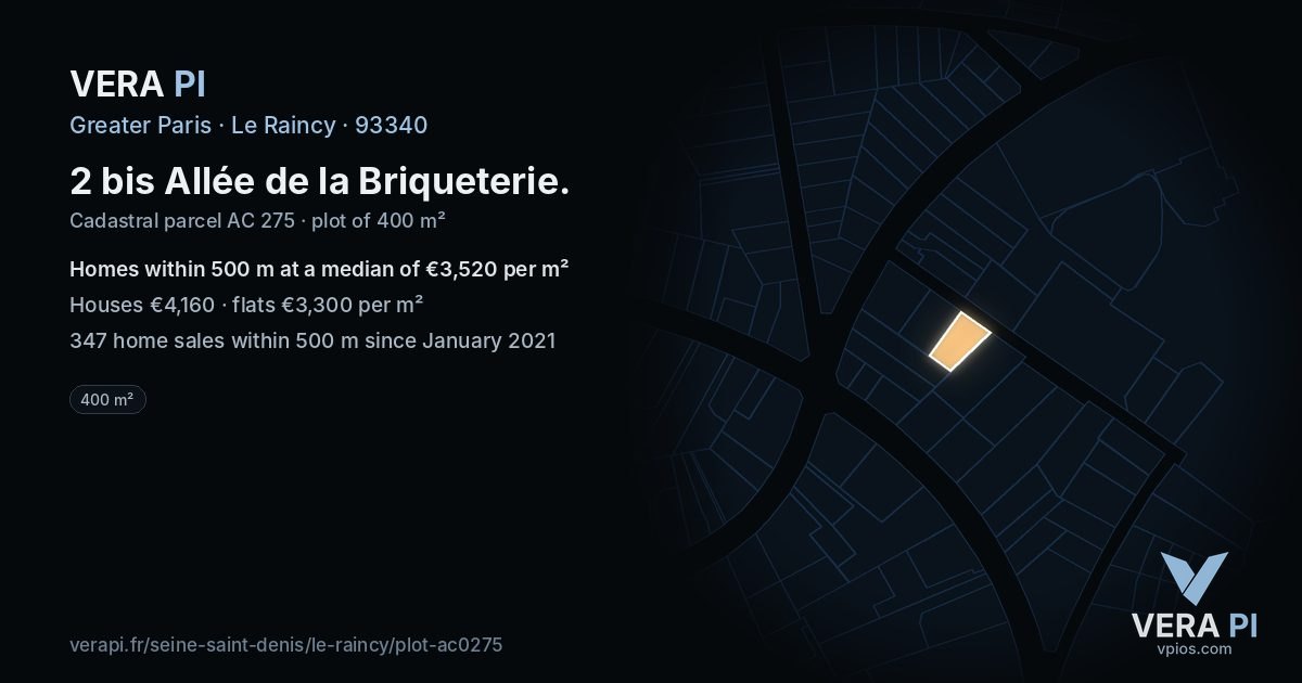 2 bis Allée de la Briqueterie, Le Raincy at night – the plot lit, the parcels around coloured by the prices near them