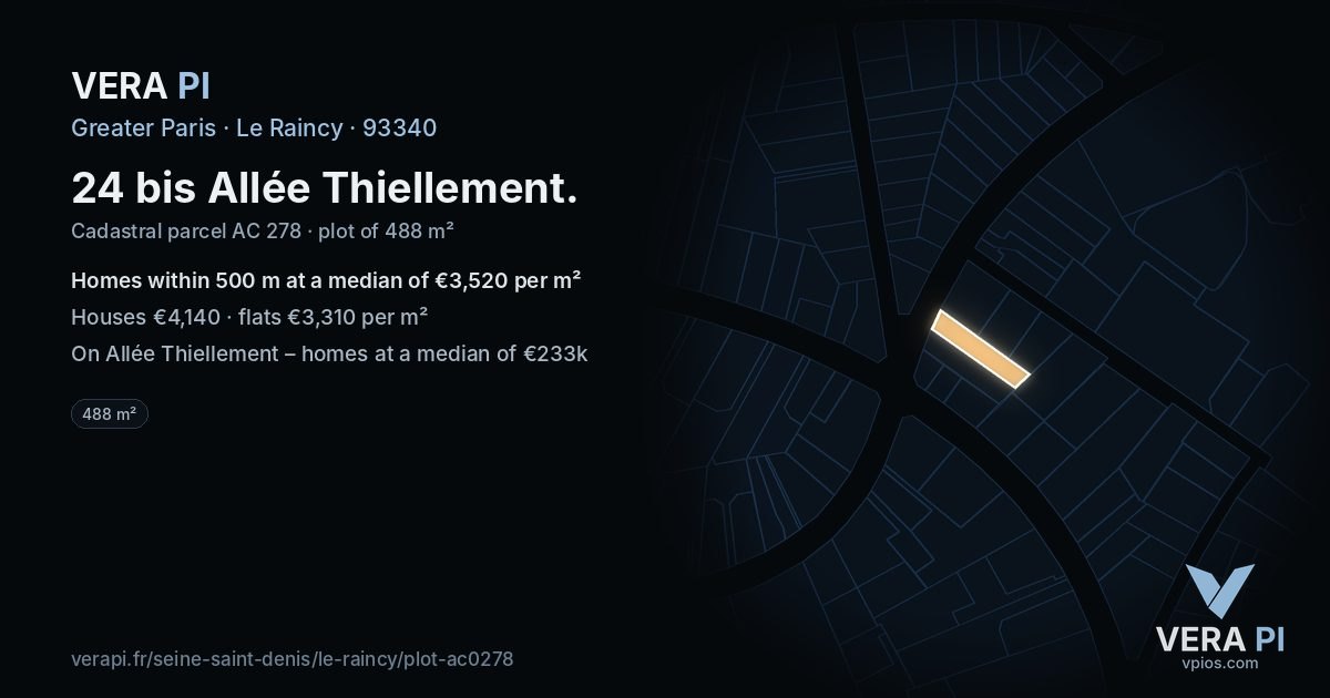 24 bis Allée Thiellement, Le Raincy at night – the plot lit, the parcels around coloured by the prices near them