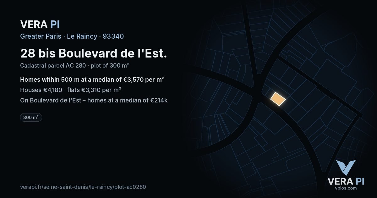28 bis Boulevard de l'Est, Le Raincy at night – the plot lit, the parcels around coloured by the prices near them