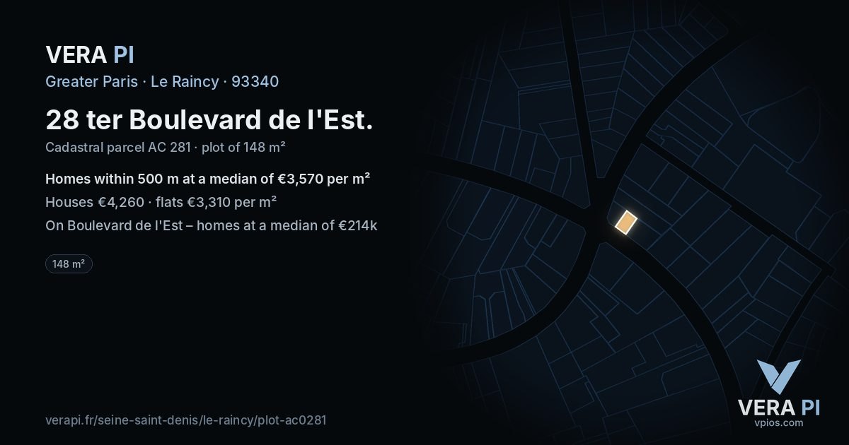 28 ter Boulevard de l'Est, Le Raincy at night – the plot lit, the parcels around coloured by the prices near them