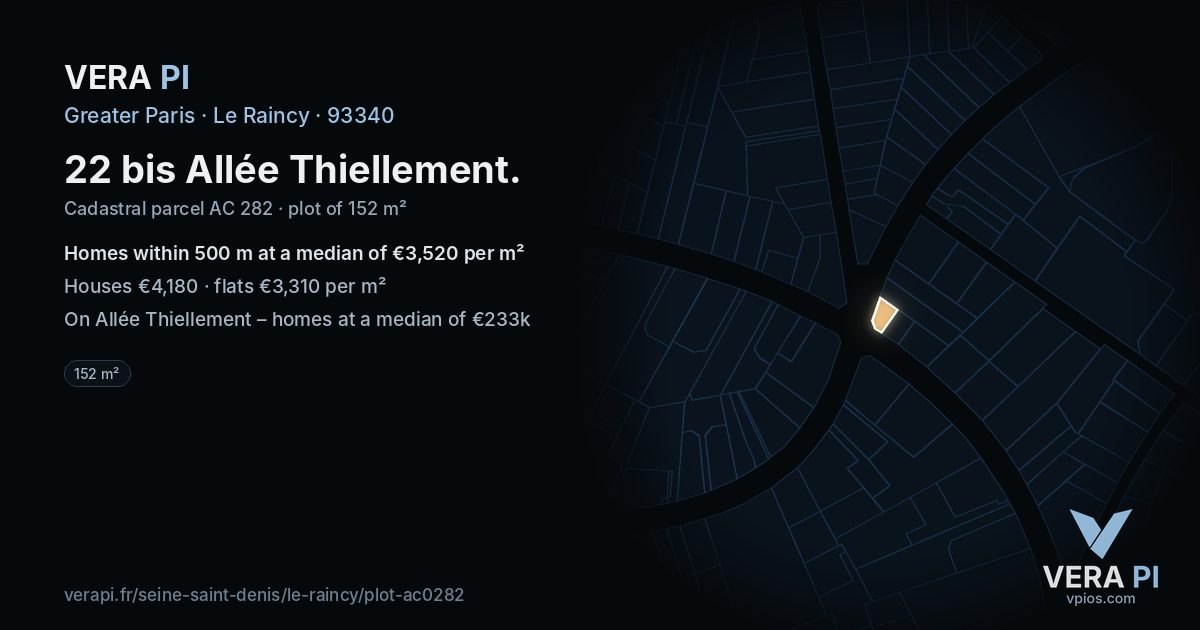 22 bis Allée Thiellement, Le Raincy at night – the plot lit, the parcels around coloured by the prices near them