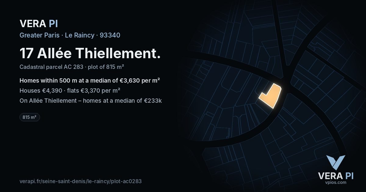 17 Allée Thiellement, Le Raincy at night – the plot lit, the parcels around coloured by the prices near them