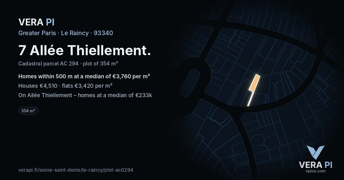 7 Allée Thiellement, Le Raincy at night – the plot lit, the parcels around coloured by the prices near them