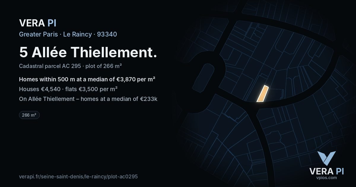 5 Allée Thiellement, Le Raincy at night – the plot lit, the parcels around coloured by the prices near them