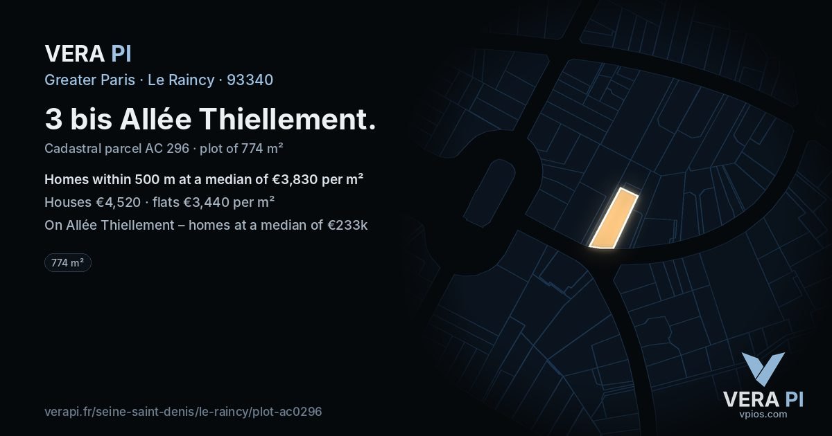 3 bis Allée Thiellement, Le Raincy at night – the plot lit, the parcels around coloured by the prices near them