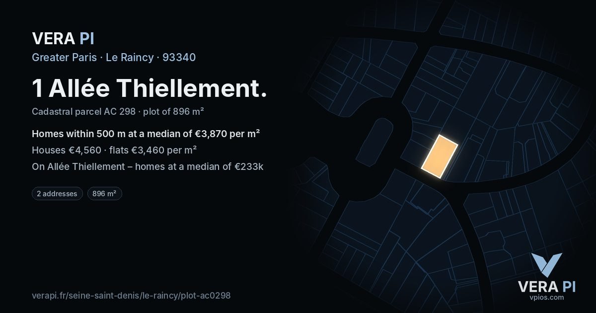 1 Allée Thiellement, Le Raincy at night – the plot lit, the parcels around coloured by the prices near them