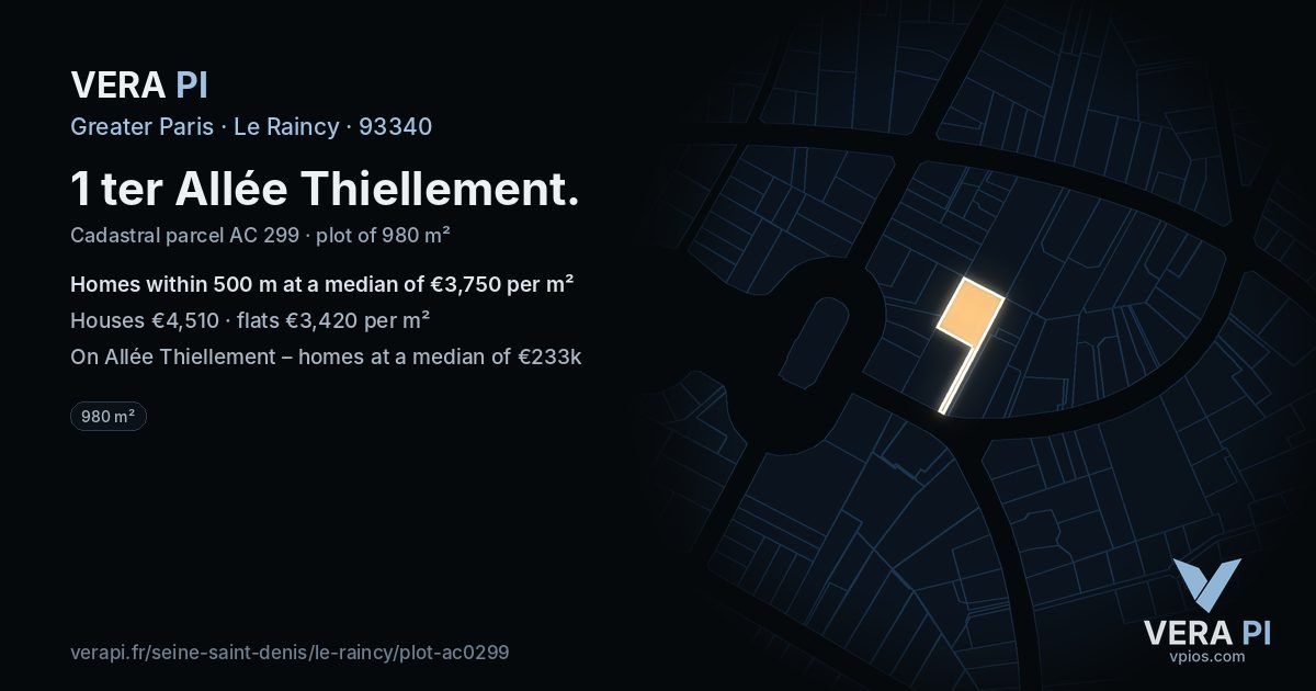 1 ter Allée Thiellement, Le Raincy at night – the plot lit, the parcels around coloured by the prices near them
