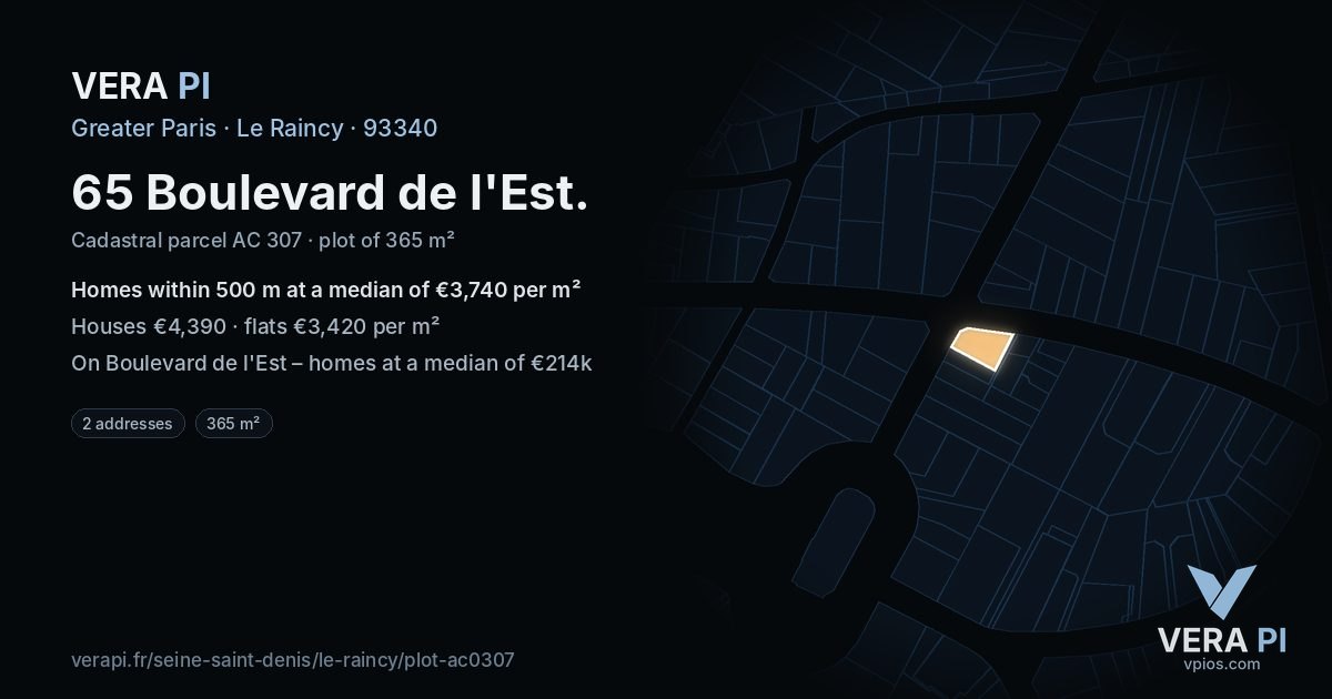 65 Boulevard de l'Est, Le Raincy at night – the plot lit, the parcels around coloured by the prices near them