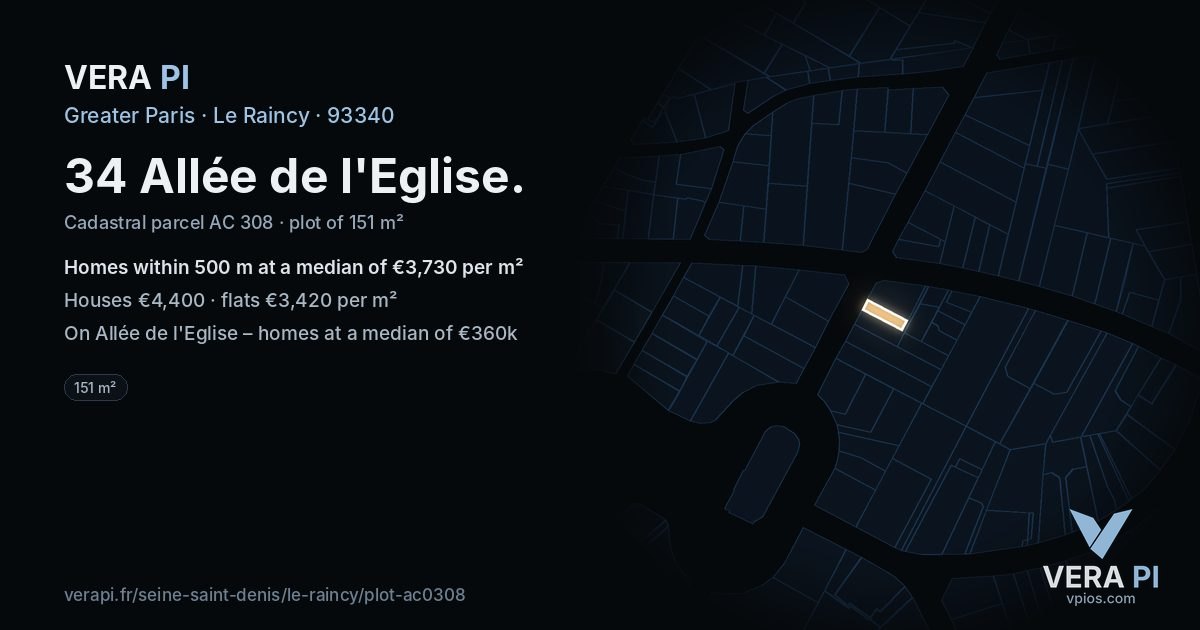 34 Allée de l'Eglise, Le Raincy at night – the plot lit, the parcels around coloured by the prices near them