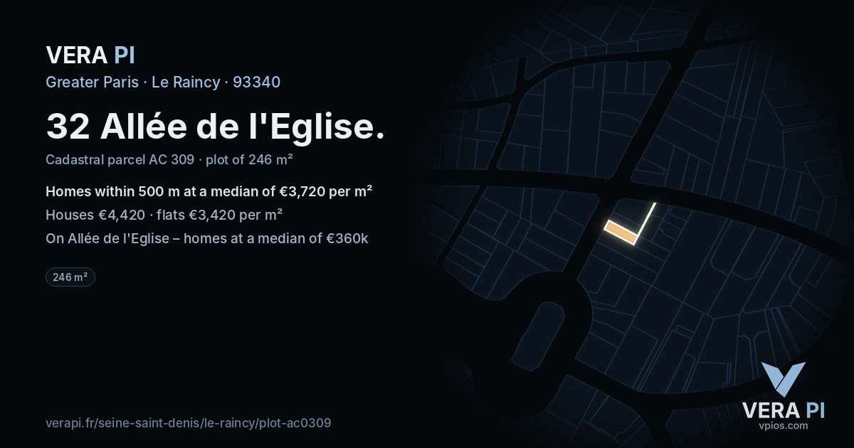 32 Allée de l'Eglise, Le Raincy at night – the plot lit, the parcels around coloured by the prices near them