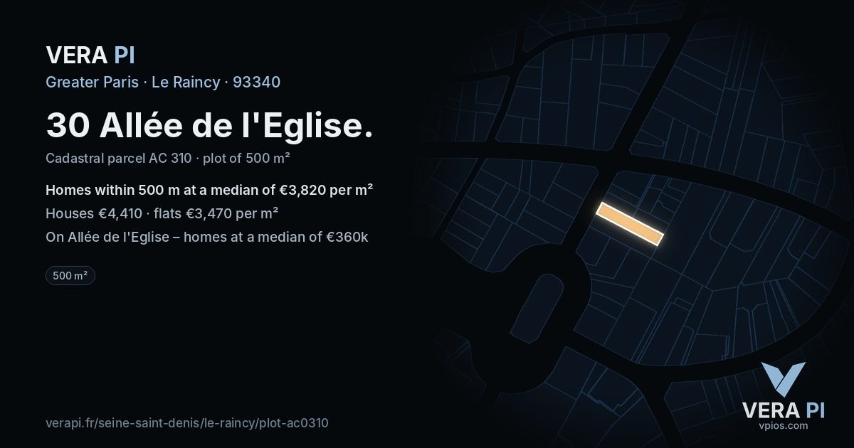 30 Allée de l'Eglise, Le Raincy at night – the plot lit, the parcels around coloured by the prices near them