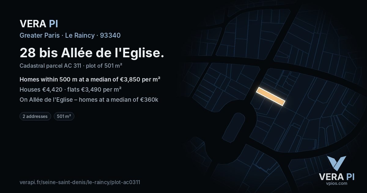28 bis Allée de l'Eglise, Le Raincy at night – the plot lit, the parcels around coloured by the prices near them