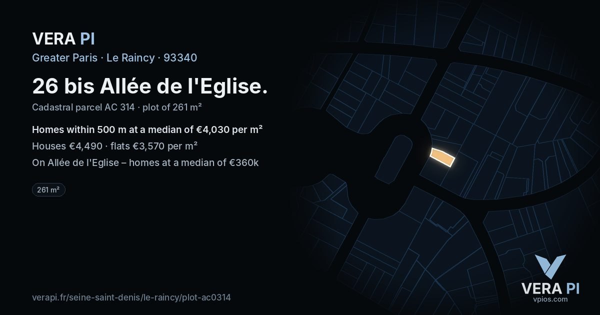26 bis Allée de l'Eglise, Le Raincy at night – the plot lit, the parcels around coloured by the prices near them