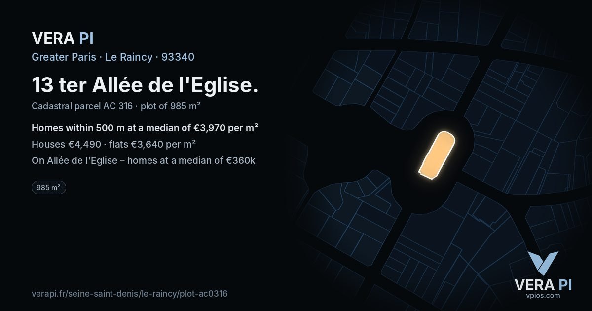 13 ter Allée de l'Eglise, Le Raincy at night – the plot lit, the parcels around coloured by the prices near them