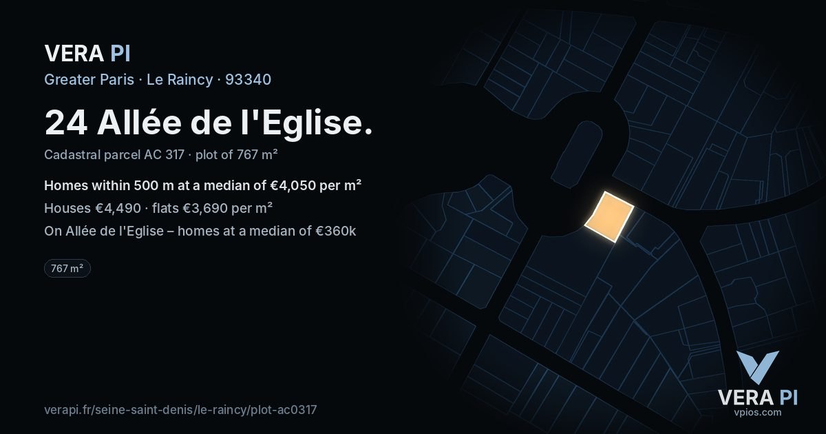 24 Allée de l'Eglise, Le Raincy at night – the plot lit, the parcels around coloured by the prices near them