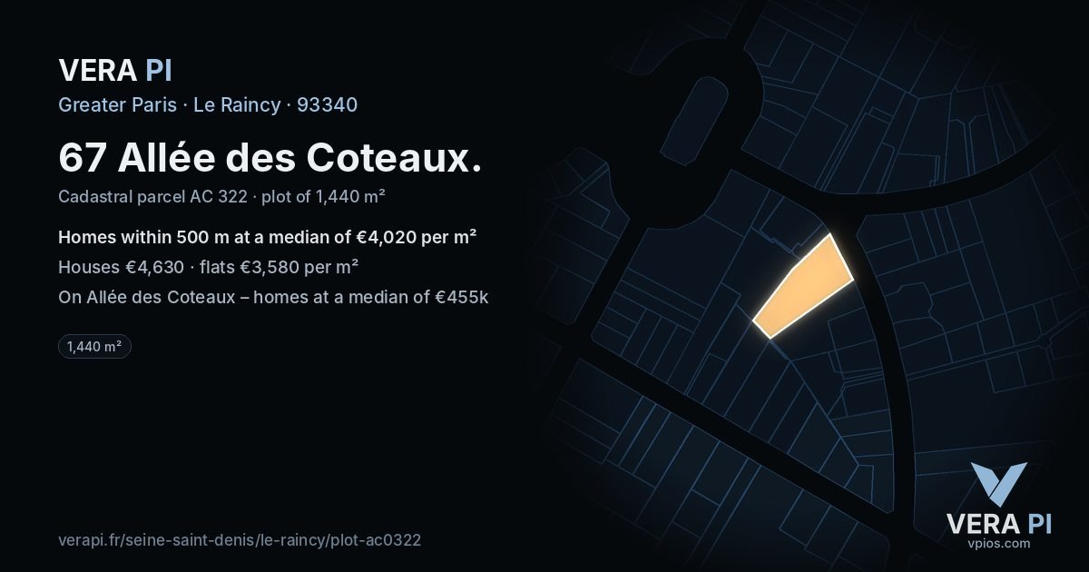67 Allée des Coteaux, Le Raincy at night – the plot lit, the parcels around coloured by the prices near them