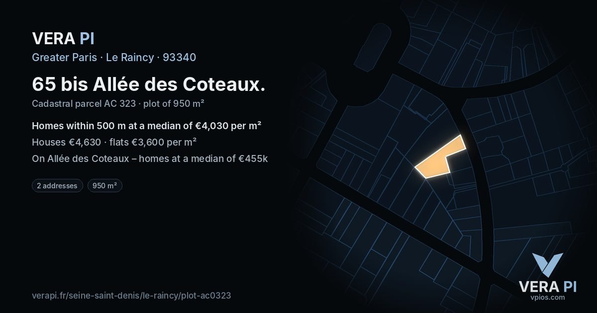 65 bis Allée des Coteaux, Le Raincy at night – the plot lit, the parcels around coloured by the prices near them