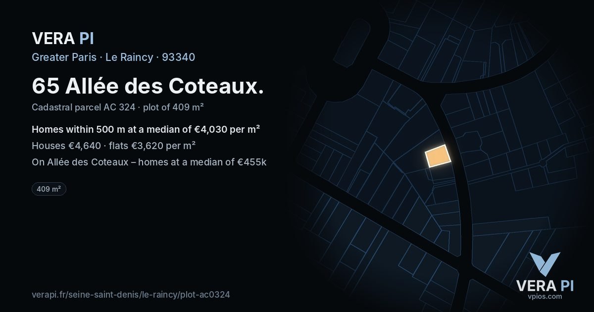 65 Allée des Coteaux, Le Raincy at night – the plot lit, the parcels around coloured by the prices near them