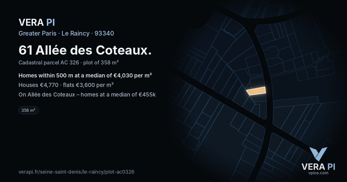61 Allée des Coteaux, Le Raincy at night – the plot lit, the parcels around coloured by the prices near them