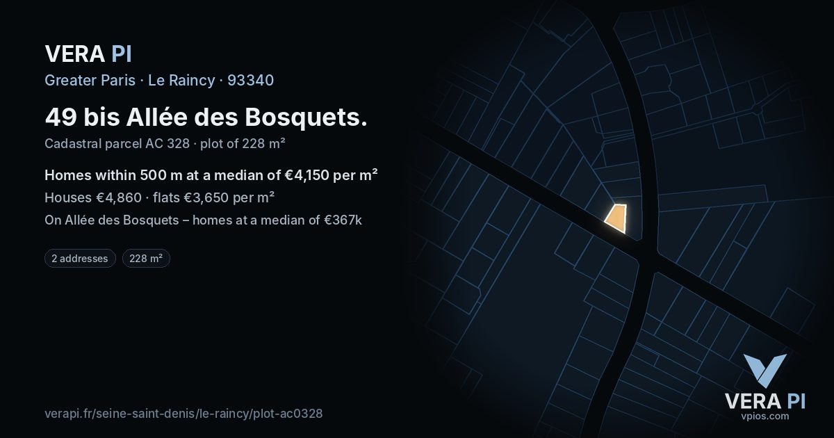49 bis Allée des Bosquets, Le Raincy at night – the plot lit, the parcels around coloured by the prices near them